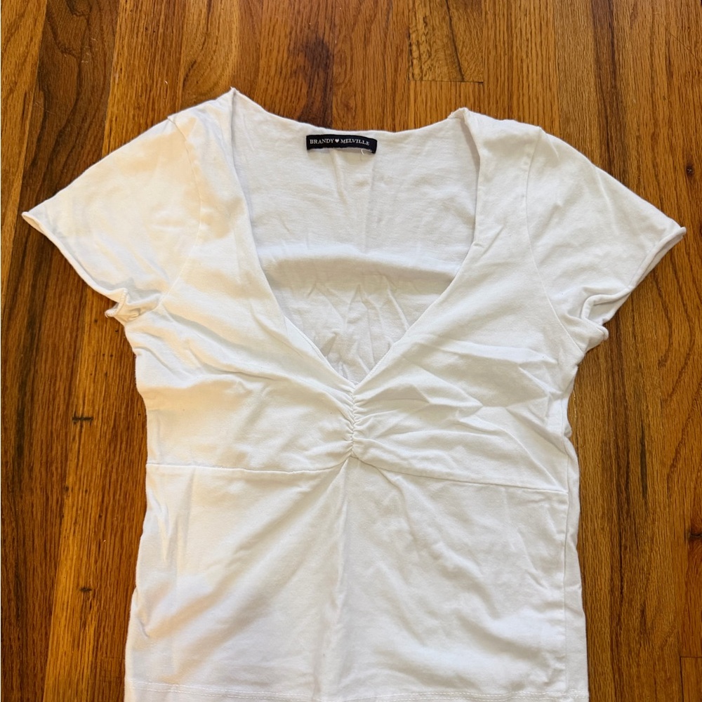 Brandy Melville White Ruched V-Neck Tee